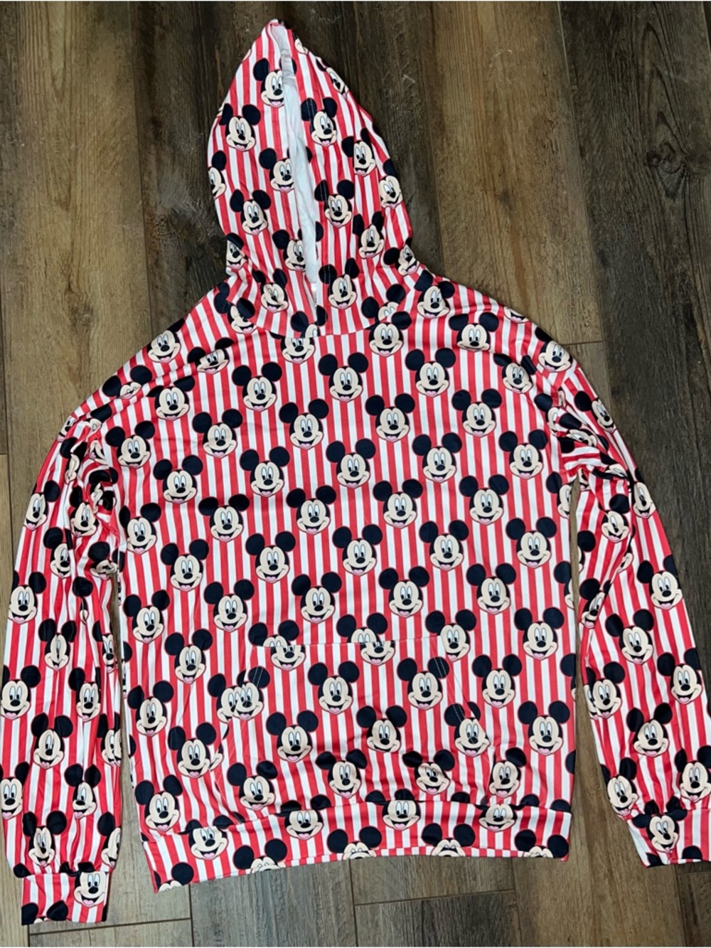 Womens Hooded Sweatshirt with Red & White Stripe Mickey Print